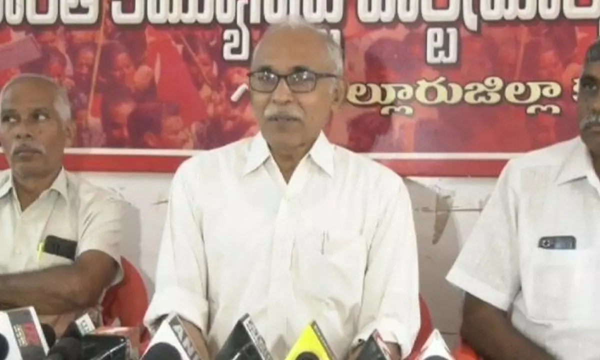 CPM politburo member B V Raghavulu addressing a press conference in Nellore on Monday