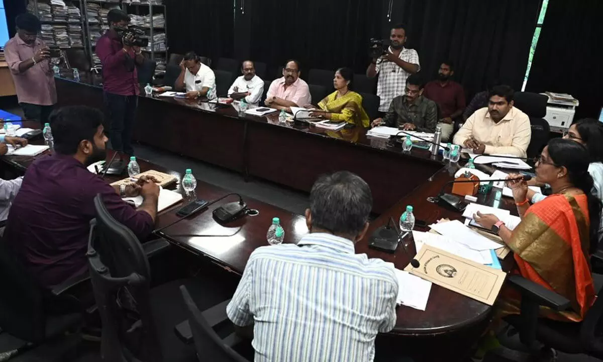 Mayor Dr R Sirisha holding a meeting with officials in Tirupati on Tuesday