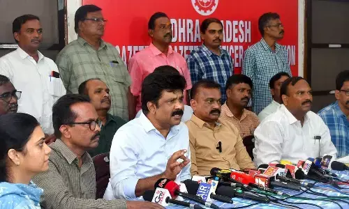 Prohibition and Excise Employees JAC members addressing a press conference at NGO Home in Vijayawada on Tuesday Photo Ch Venkata Mastan