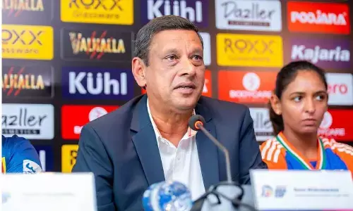 Tournament Director Ravin Wickramaratne and India Women skipper Harmanpreet Kaur during a press conference ahead of the Womens Asia Cup T20 tournament, in Dambulla, Sri Lanka on Thursday