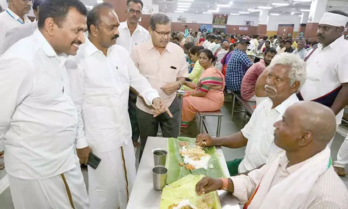 TTD EO J Syamala Rao and JEO Veerabrahmam during an inspection of the Annaprasadam complex at Tirumala