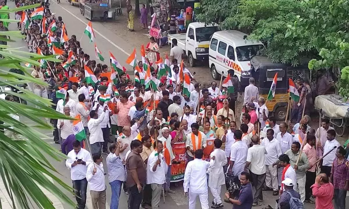 BJYM leaders taking out a rally in Kakinada on Thursday