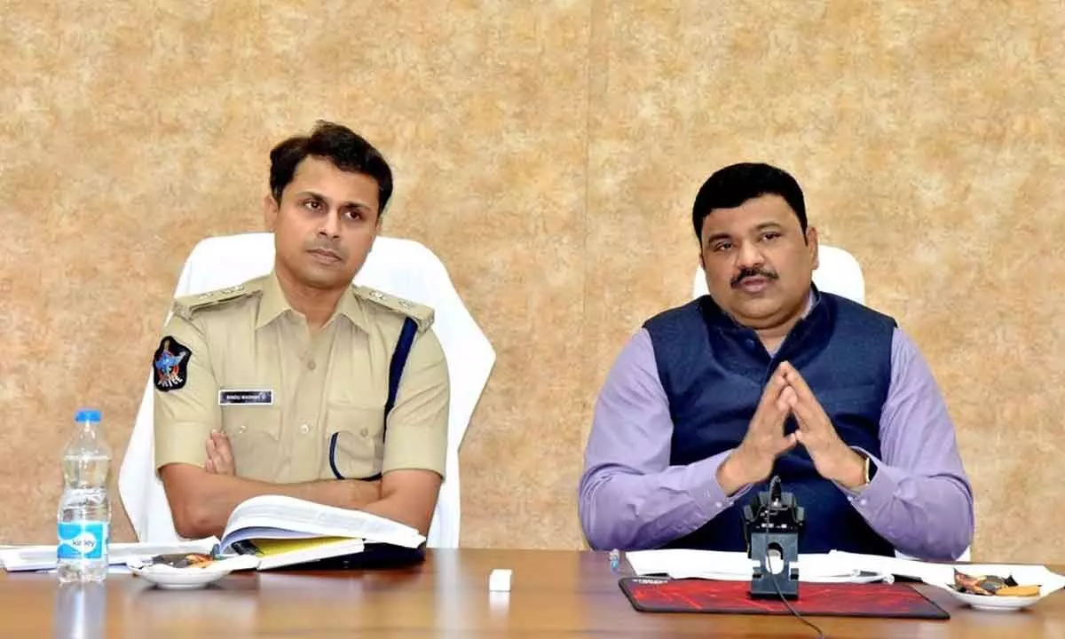 District Collector P Ranjit Basha and SP G Bindu Madhav addressing a meeting on road accidents at the Collectorate in Kurnool on Thursday