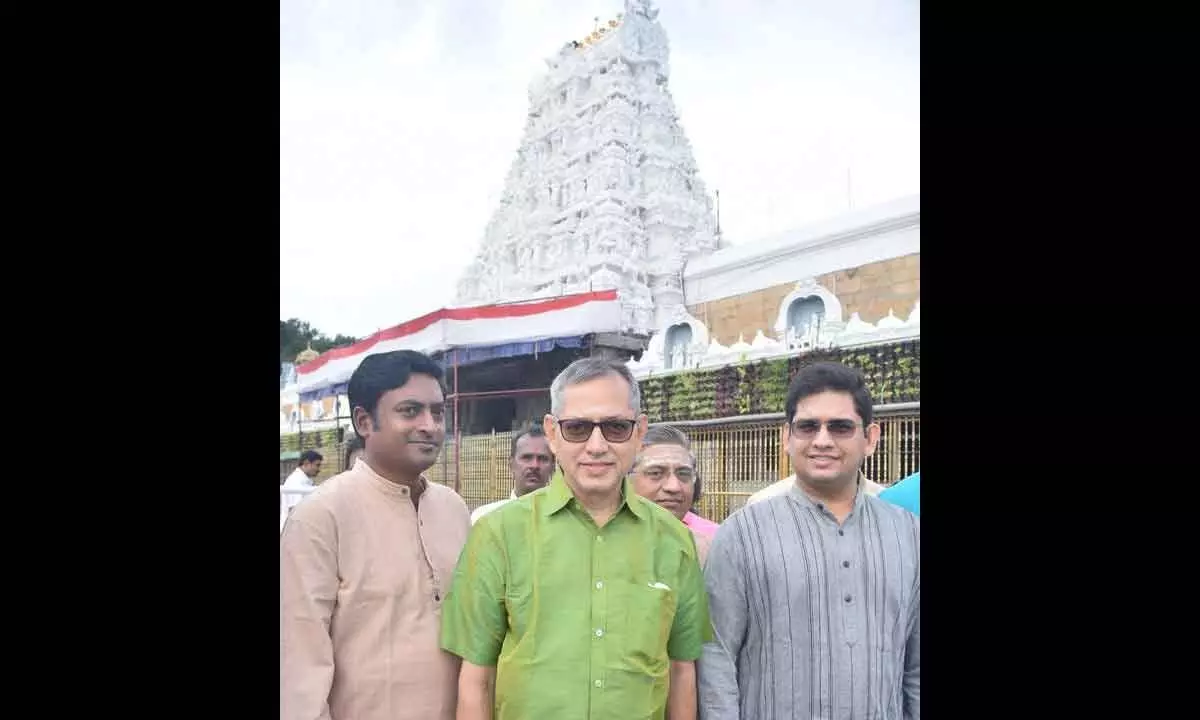 (From L to R) Rajmata Pramoda Devi of Mysore and Meghalaya High Court Judge Justice Vaidyanathan at Tirumala on Thursday