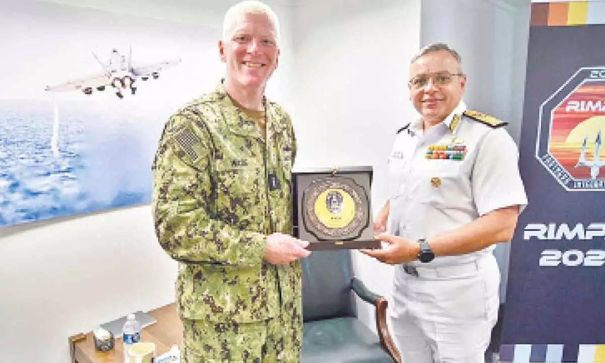 Flag Officer Commanding in Chief of Eastern Naval Command (ENC) Vice Admiral Rajesh Pendharkar with Commander US Third Fleet Vice Admiral John FG Wade