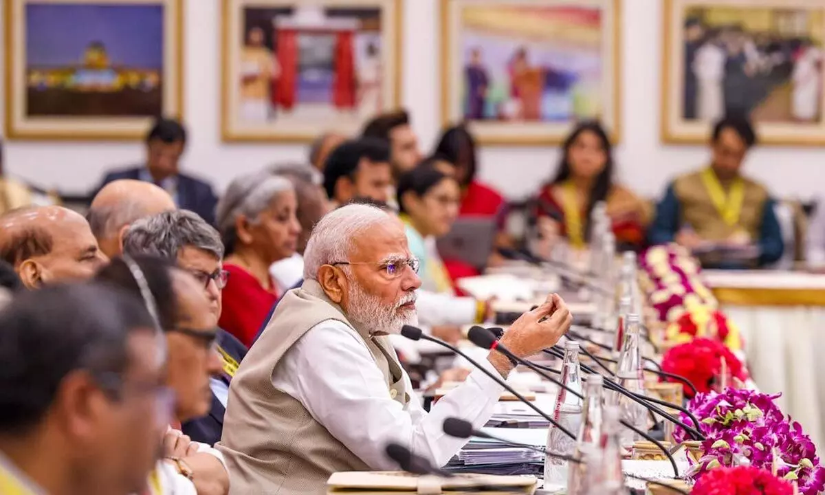 Prime Minister Narendra Modi addresses the NITI Aayog Governing Council meeting, in New Delhi on Saturday