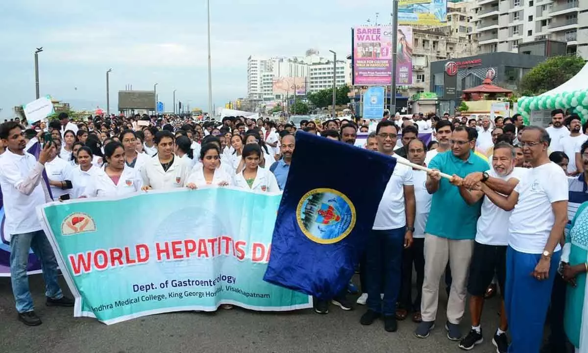 District Collector M N Harendhira Prasad flagging off a rally marking the ‘World Hepatitis Day’ in Visakhapatnam on Sunday