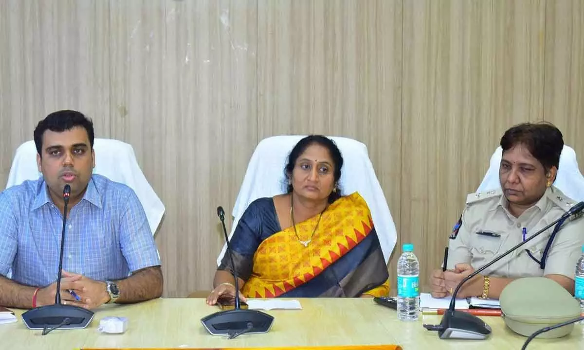 Minister Savitha addressing a review meeting over the CM’s visit to Madakasira, in Puttaparthi on Sunday. district Collector TS Chetan and SP Rathna are also seen.