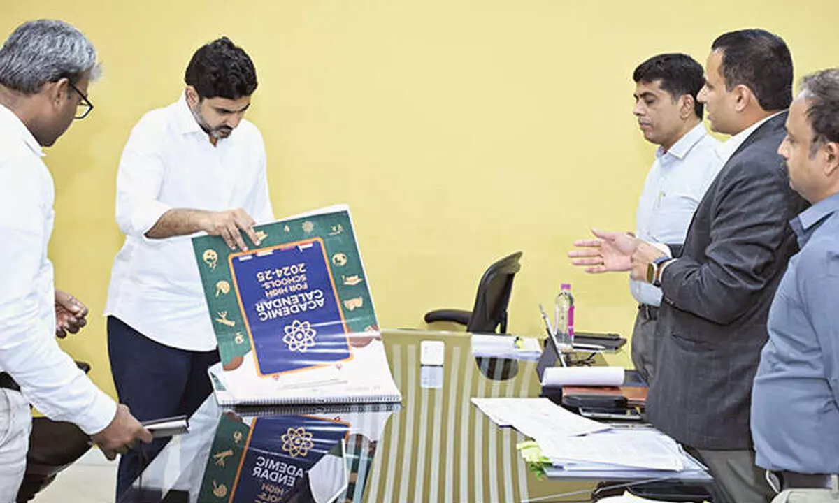 HRD minister Nara Lokesh goes through academic calendar at a review meeting with officials on school education at his residence in Undavalli on Monday