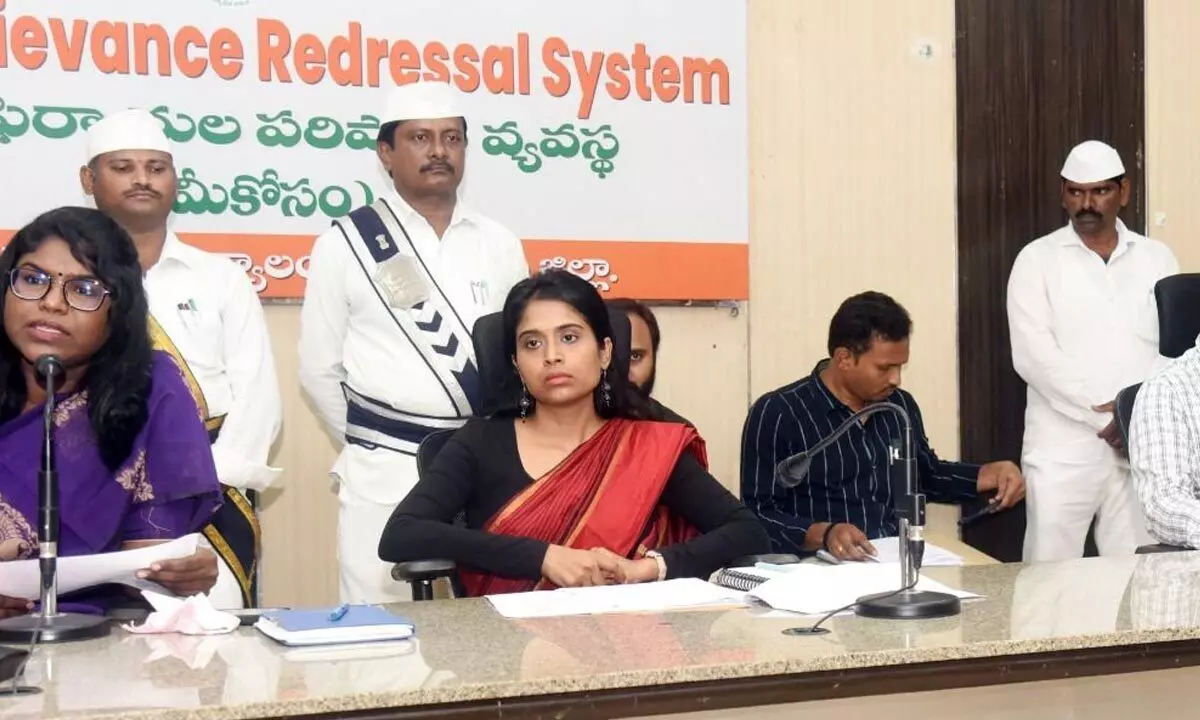 Collector K Vetri Selvi speaking at a review meeting on sand policy implementation in Eluru on Monday