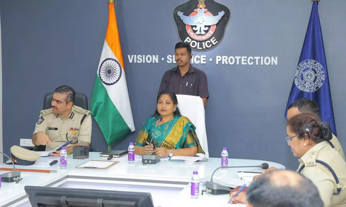 Home minister Vangalapudi Anitha holds a video conference with district SPs in Visakhapatnam on Tuesday