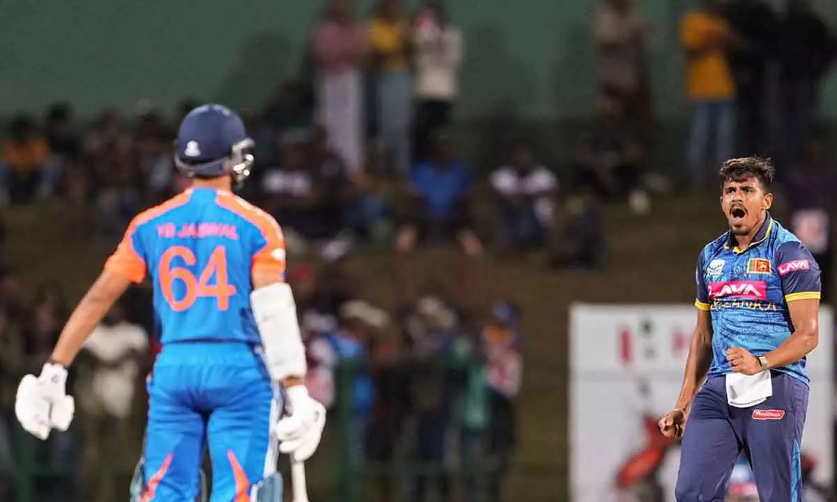 Sri Lankas Maheesh Theekshana celebrates the wicket of Indias Yashasvi Jaiswal