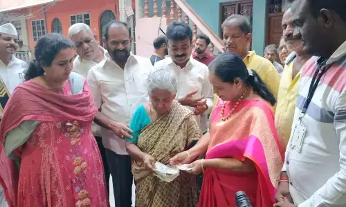Municipal Corporation Commissioner Narapureddy Mourya inspecting distribution of NTR Bharosa pension in Tirupati on Thursday