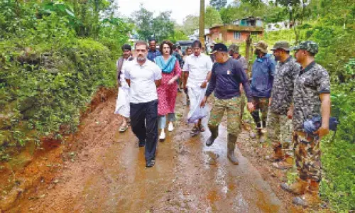 Leader of Opposition in the Lok Sabha Rahul Gandhi with AICC general secretary Priyanka Gandhi Vadra and party leader KC Venugopal visits a landslide-hit area, in Wayanad district on Friday