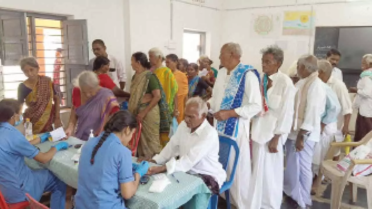 Medical staff conducting preliminary tests at eye screening camp conducted in ZPHS Inkollu on Sunday