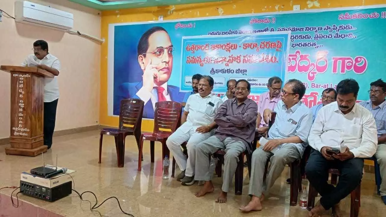 Visakhapatnam Writers’ Academy chairman V V Ramana Murthy speaking at meeting on ‘Uttarandhra’ in Srikakulam on Sunday