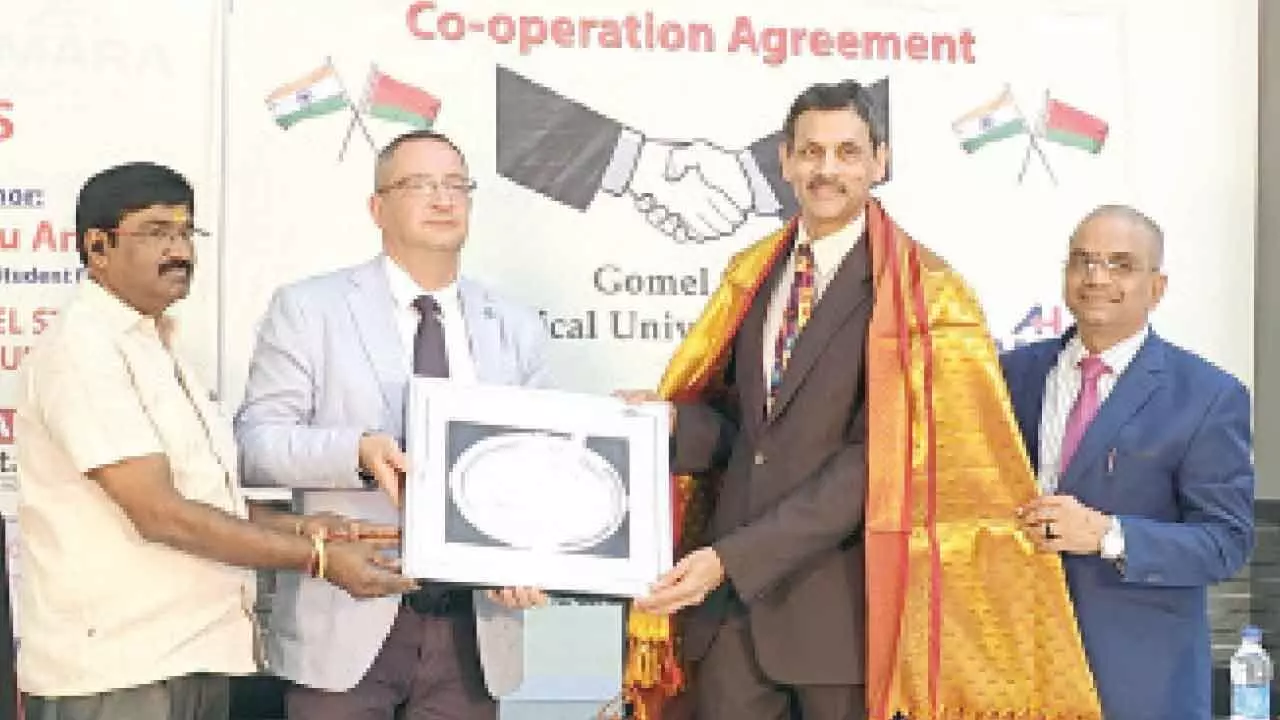 Amara hospital Chairman Dr Prasad Gourineni with Dean, GSMU Dr Karamishou during the signing of MoU on Sunday