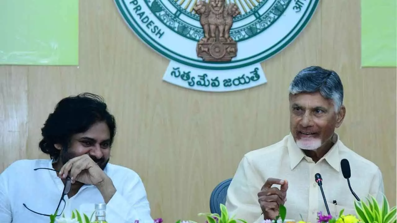 Chief Minister Chandrababu Naidu addressing Collectors conference in secretariat on Monday. Dy CM Pawan Kalyan is also seen