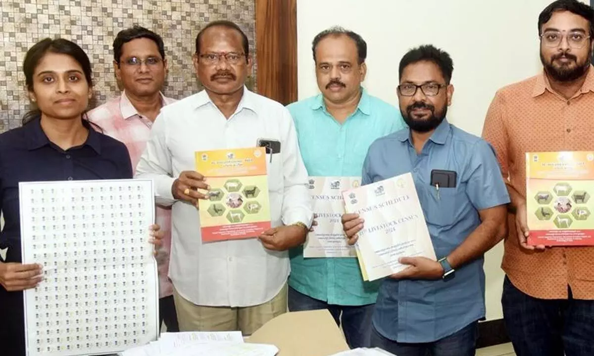 Joint  Collector P Dhatri Reddy along with other officials releasing a poster on cattle census in Eluru on Monday