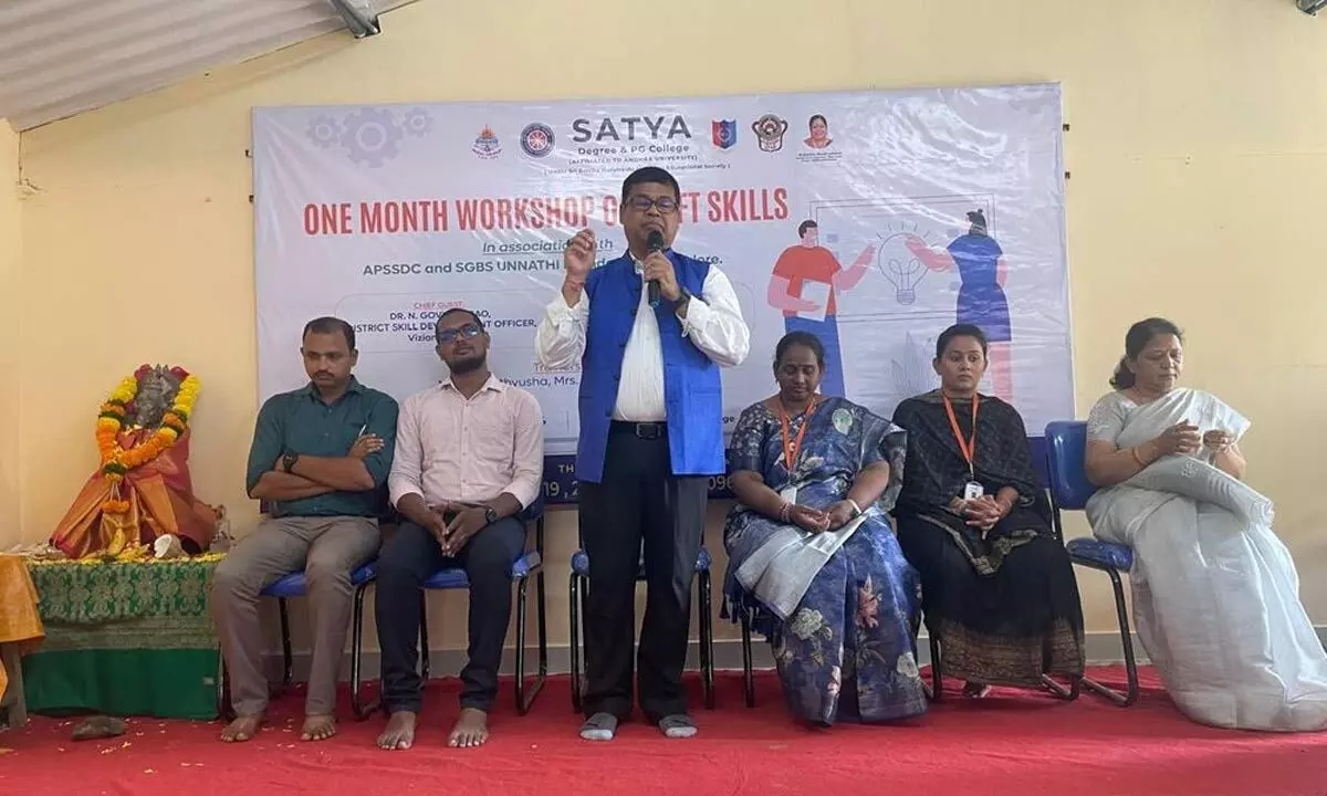 Director M Sashibhushan Rao addressing the students at Satya Degree College in Vizianagaram  on Monday