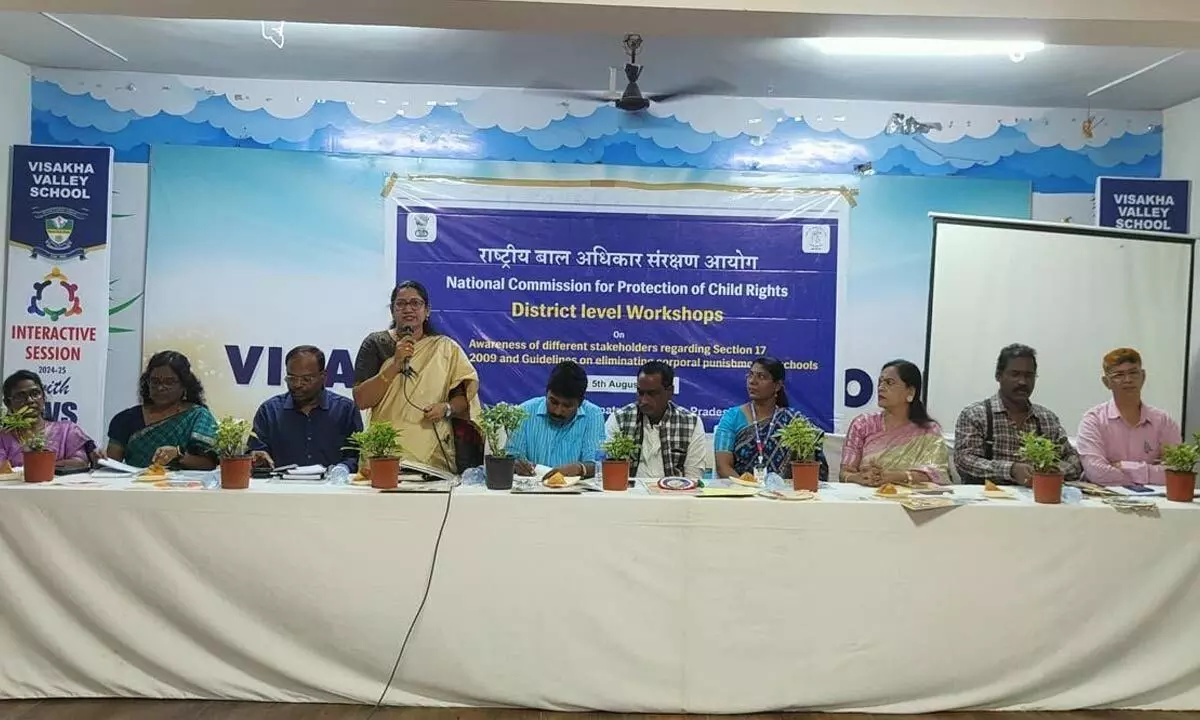 District Education Officer L Chandrakala speaking at a workshop in Visakhapatnam on Monday