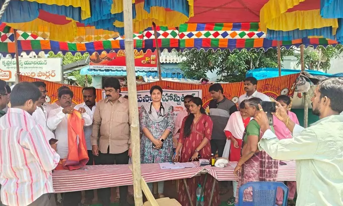 Central constituency MLA Bonda Uma Maheswara Rao at the free medical camp organised by Top Stars Hospital in Vijayawada on Sunday