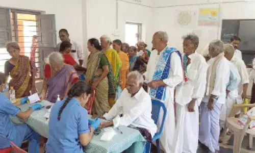 Medical staff conducting preliminary tests at eye screening camp conducted in ZPHS Inkollu on Sunday