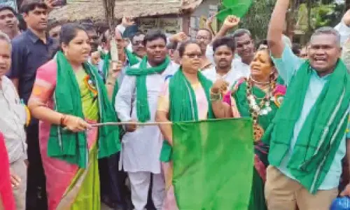 Minister of Women and Child Welfare and Tribal Welfare G Sandhya Rani flagging off Adivasi Utsav celebrations in Salur in Parvathipuram Manyam district on Sunday