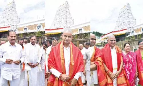 Minister for Information and Public Relations and Housing  K Parthasarathy (left) and Minister for Micro, Small and Medium Enterprises Kondapalli Srinivas at Tirumala on Sunday; Union Minister  of State for Heavy Industries and Steel  Bhoopathiraju Srinivasa Varma along with his family members at Tirumala on Sunday