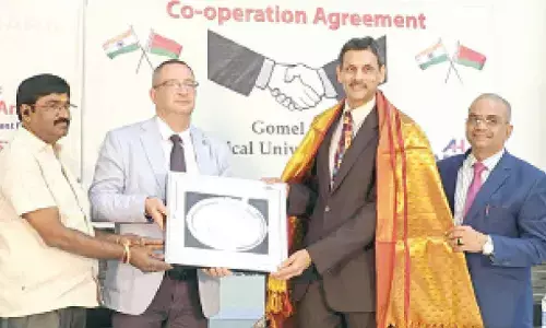 Amara hospital Chairman Dr Prasad Gourineni with Dean, GSMU Dr Karamishou during the signing of MoU on Sunday