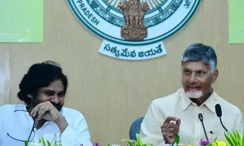 Chief Minister Chandrababu Naidu addressing Collectors conference in secretariat on Monday. Dy CM Pawan Kalyan is also seen