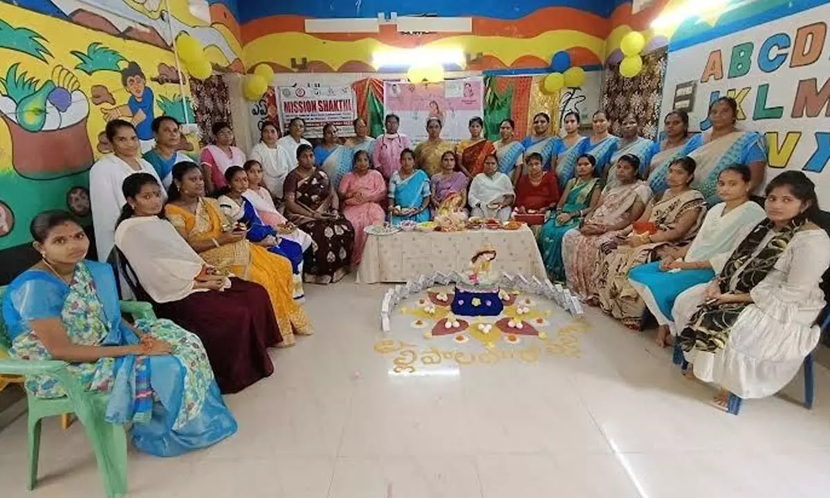 Women taking part in breastfeeding awareness drive held at the Anganwadi centre in Visakhapatnam