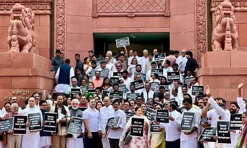 INDIA bloc Protest at Makar Dwar, New Parliament over withdrawal of GST on Health and Life Insurance