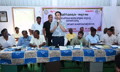 District collector Sumit Kumar along with KADA project director Vikas Marmat at a recent meeting with horticulture farmers in Kuppam