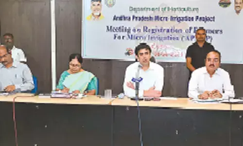 Chittoor District Collector Sumit Kumar speaking at a review meeting on ‘Micro Irrigation Project’ on Tuesday. District horticulture officer Madhusudan Reddy, agriculture officer Murali Krishna and other officials are also seen.