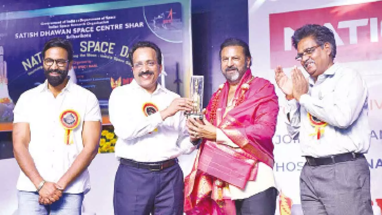 ISRO Chairman Dr S Somanath felicitating MBU Chancellor M Mohan Babu on Thursday. Pro-Chancellor Vishnu Manchu and SHAR Director A Rajarajan are also seen.