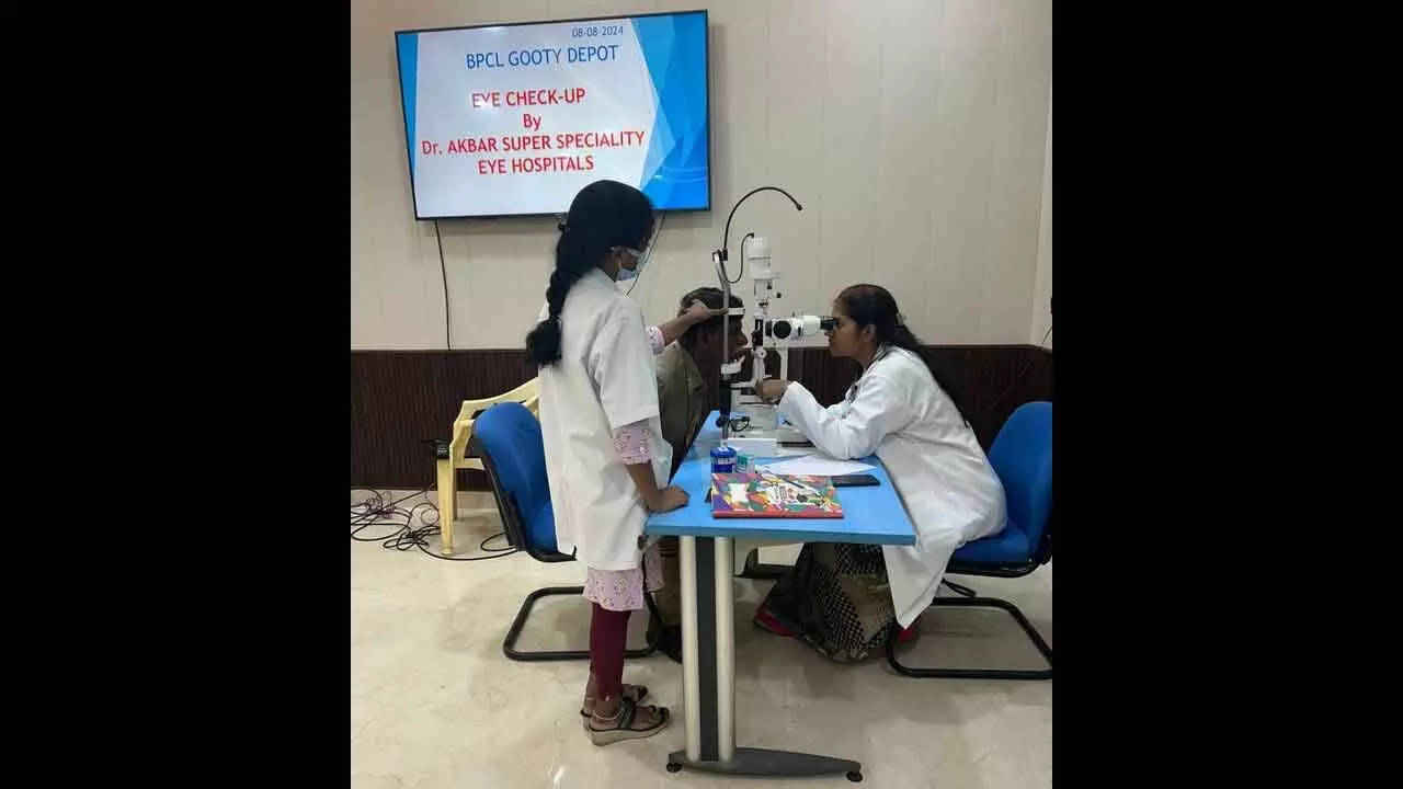 Dr Akbar Eye Hospital staff conducting eye check up for  a patient at a free medical camp in Gooty on Thursday