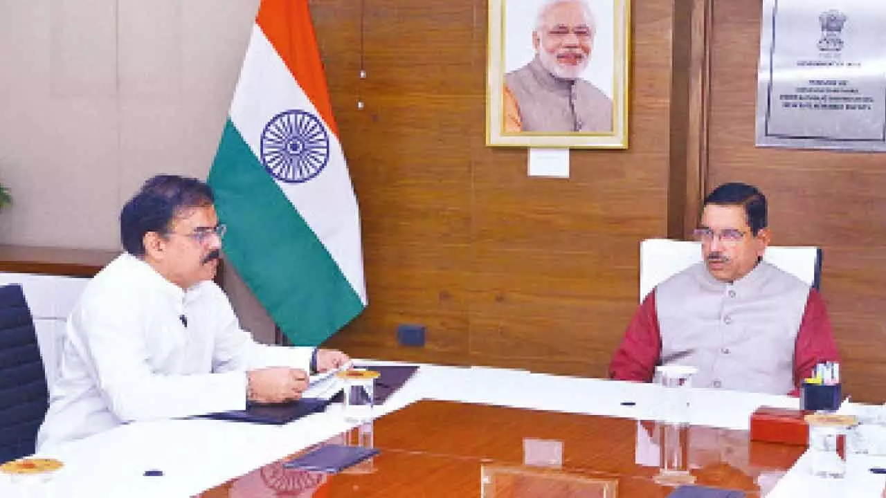 Civil supplies minister Nadendla Manohar calls on Union minister for civil supplies, food and public distribution Prahlad Joshi in New Delhi on Thursday