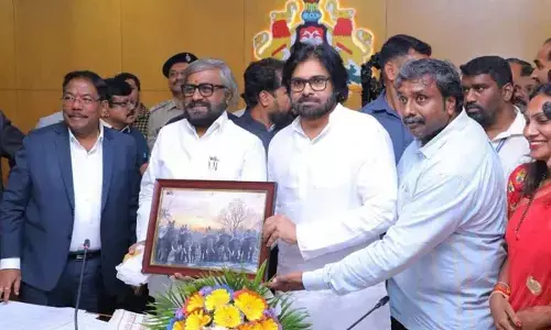 Andhra Pradesh Dy CM Pawan Kalyan with Karnataka Forest Minister Eshwar Khandre in Bengaluru on Thursday