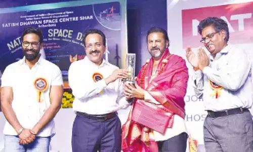 ISRO Chairman Dr S Somanath felicitating MBU Chancellor M Mohan Babu on Thursday. Pro-Chancellor Vishnu Manchu and SHAR Director A Rajarajan are also seen.