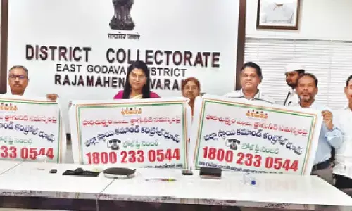 Collector P Prasanthi releasing posters on toll-free number of the district-level command control station