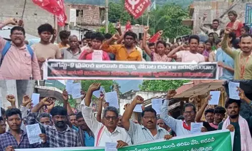 All India Kisan Maha Sabhas stages a demonstration at Rimpi village in the agency in Meliaputti mandal(Top); Left-oriented unions organise an awareness programme at Kudumaasayi village in the agency in Mandasa mandal(Bottom)