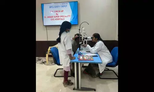 Dr Akbar Eye Hospital staff conducting eye check up for  a patient at a free medical camp in Gooty on Thursday