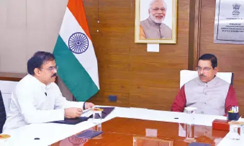 Civil supplies minister Nadendla Manohar calls on Union minister for civil supplies, food and public distribution Prahlad Joshi in New Delhi on Thursday