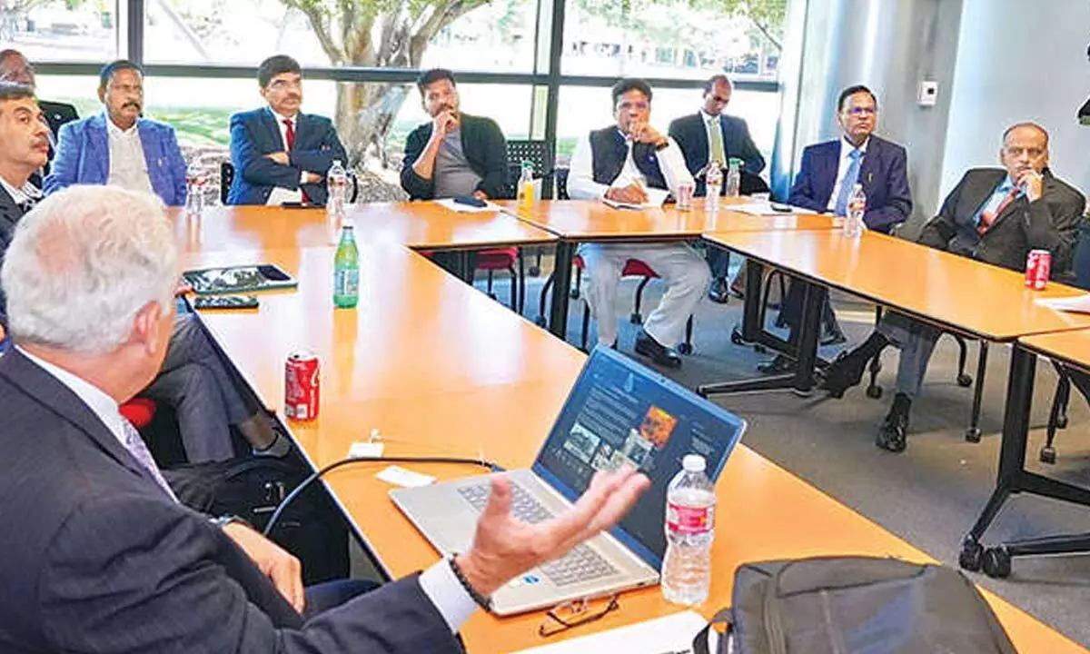 Telangana delegation led by Chief Minister A Revanth Reddy and Industries Minister D Sridhar Babu interacting with the representatives of Stanford Byers Center for Biodesign in California