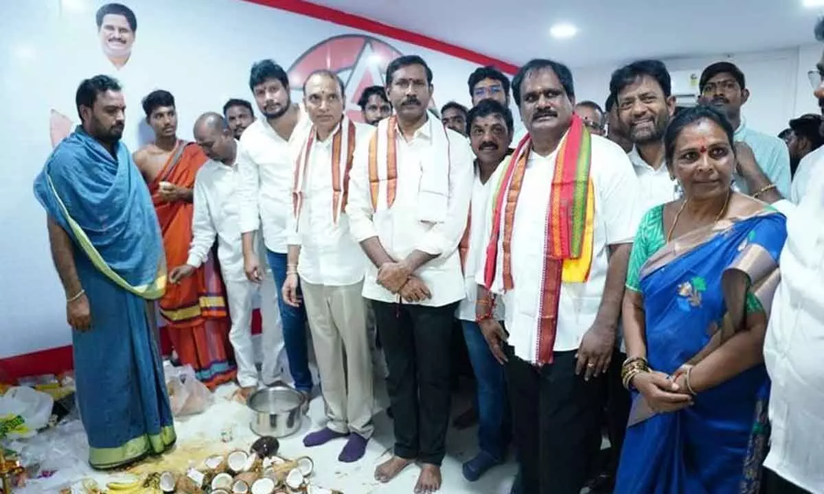 TDP and JSP leaders participating in a party office opening ceremony held in Visakhapatnam on Saturday