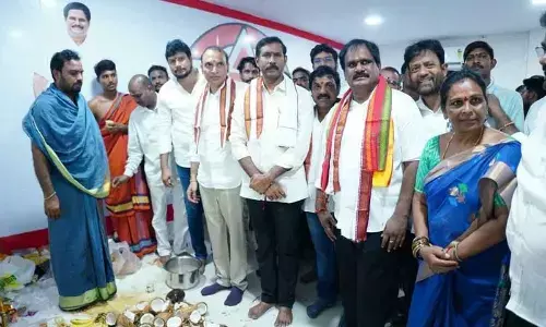 TDP and JSP leaders participating in a party office opening ceremony held in Visakhapatnam on Saturday