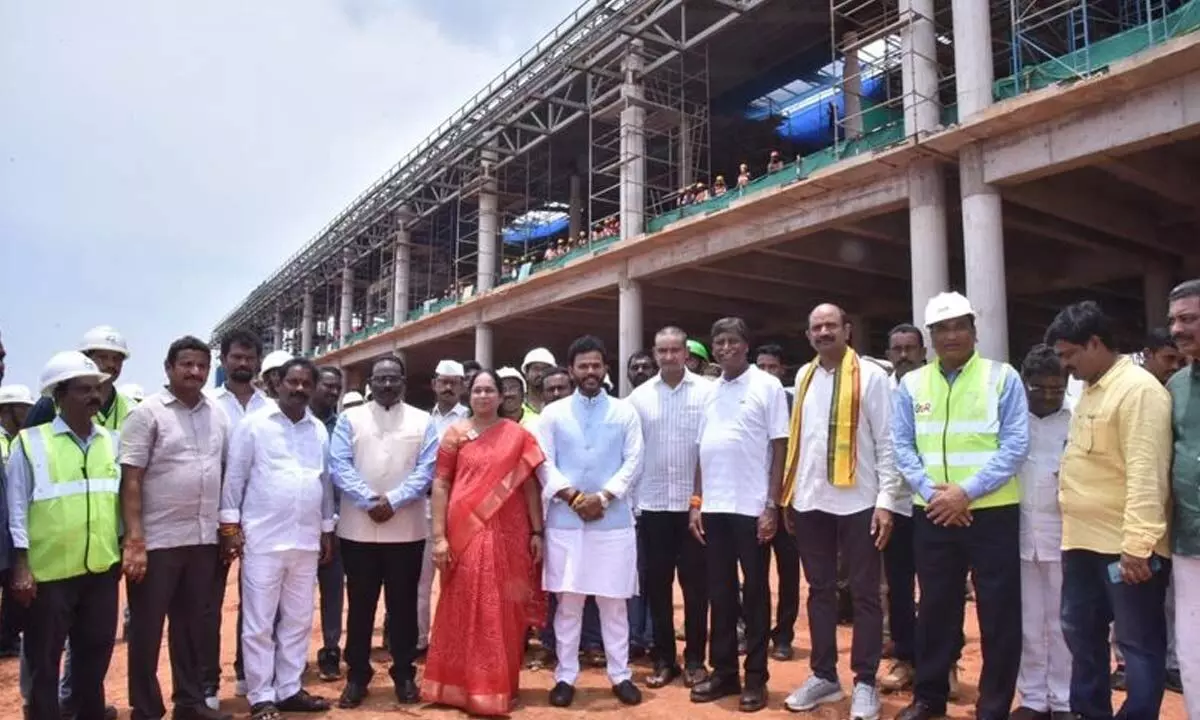 Civil Aviation Minister K Rammohan Naidu during a visit to Bhogapuram airport on Sunday