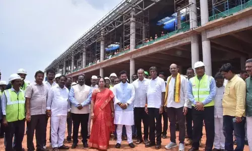 Civil Aviation Minister K Rammohan Naidu during a visit to Bhogapuram airport on Sunday