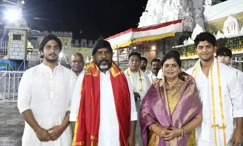TG Deputy Chief Minister Mallu Bhatti Vikramarka along with his family members at Tirumala on Sunday
